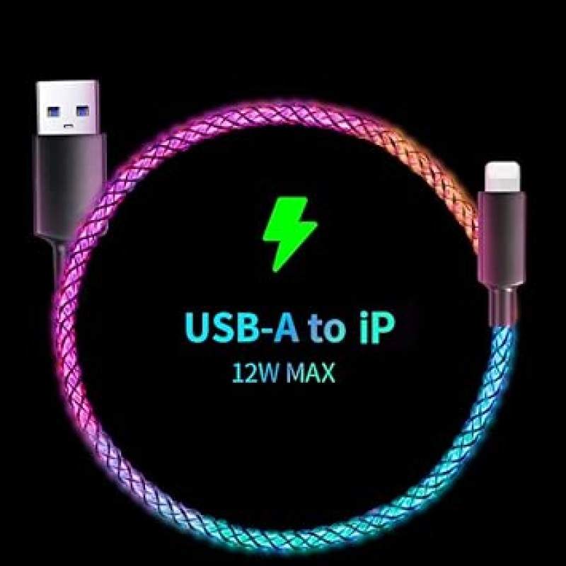 Sikai Light Flow 충전 케이블, USB-A/Type C/iPhone, RGB, 다채로운 케이블, 3.3피트(1m), 조명, 발광, USB-A 및 Type-C 케이블, 충전 + 480Mbps, 고속 데이터 전송, 숨쉬는 빛, 자동차 충전 케이블, iPhone, Xperia, Galaxy, LG, iPad Pro, MacBook, 기타 Android, Type-C 이상, 3.3피트(1m)(USB-A에서 iPhone으로)