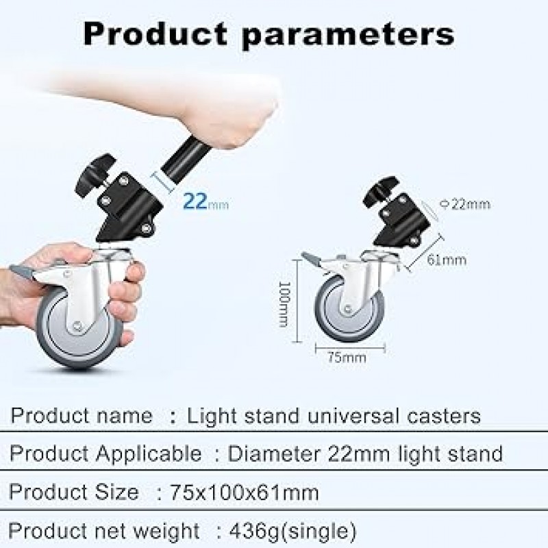 Hityeneed 전문 22mm 라이트 스탠드 휠 세트 (3 팩) 회전 고무 캐스터 사진 스튜디오 C 스탠드 용 금속 이동 사진 라이트 스탠드 휠 세트 비디오 촬영용 브레이크 포함