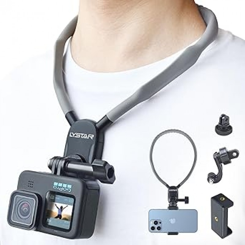 LYSTAR 목걸이 마운트는 GoPro 액세서리 또는 목의 전화 홀더로 사용할 수 있으며 hero11 10 9 8 7 6 5 및 다양한 스마트폰과도 호환되며 다른 스포츠 카메라와도 호환되어 손을 자유롭게 하고 더 많은 촬영 즐거움을 얻을 수 있습니다.