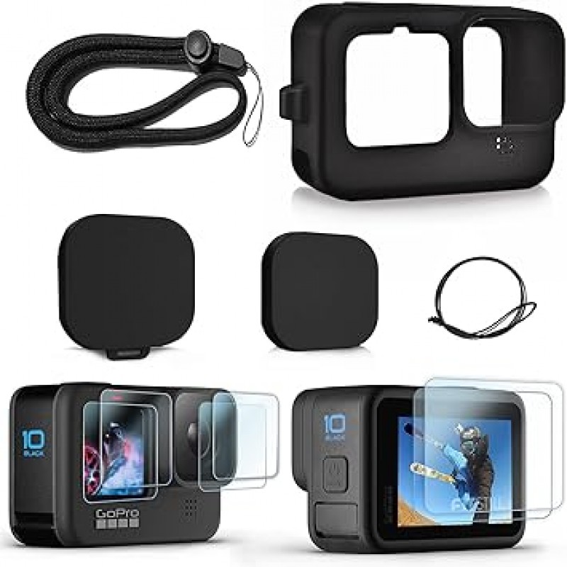 GoPro HERO 11/HERO 10 / HERO 9 BLACK + 2세트(6개) 강화 유리 보호 커버 블랙용 FitStill 실리콘 고무 하우징, 부드러운 고무 슬리브 케이지 유형 케이스, Go Pro Hero 11/ Hero10 / Hero9에 적합한 렌즈 커버 스트랩 액세서리