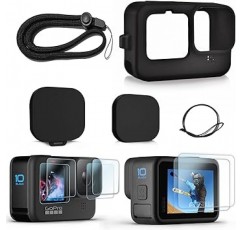 GoPro HERO 11/HERO 10 / HERO 9 BLACK + 2세트(6개) 강화 유리 보호 커버 블랙용 FitStill 실리콘 고무 하우징, 부드러운 고무 슬리브 케이지 유형 케이스, Go Pro Hero 11/ Hero10 / Hero9에 적합한 렌즈 커버 스트랩 액세서리