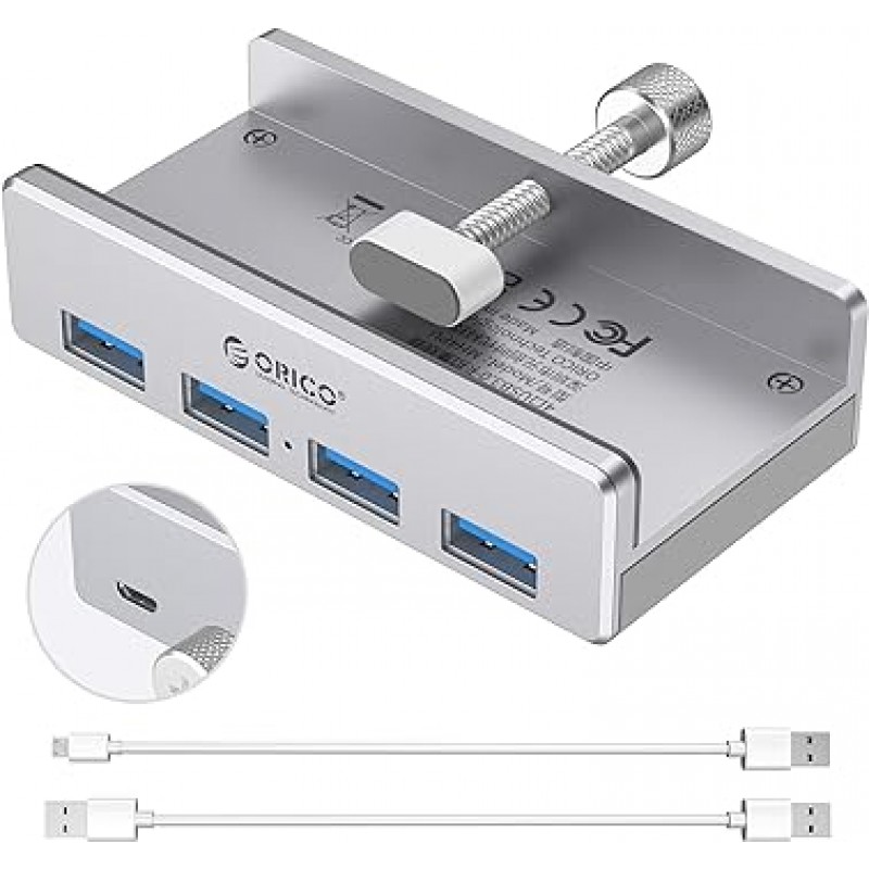 ORICO MH4PU-P-2 USB 3.0 허브, 4포트, 5Gbps, 고속, 클립 유형, USB 허브, 버스 전원, 알루미늄 허브, 컴퓨터 가장자리에 고정 가능, USB 연장 케이블 2개 포함, 경량, 실버