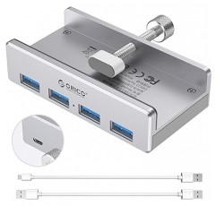 ORICO MH4PU-P-2 USB 3.0 허브, 4포트, 5Gbps, 고속, 클립 유형, USB 허브, 버스 전원, 알루미늄 허브, 컴퓨터 가장자리에 고정 가능, USB 연장 케이블 2개 포함, 경량, 실버