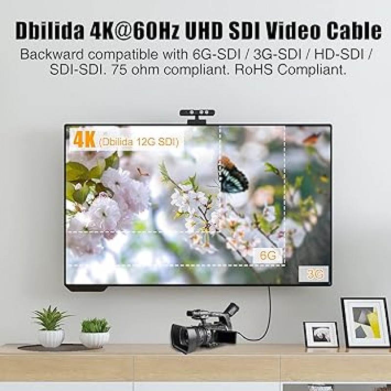 12G SDI 케이블 2M, Dbilida 4K@60Hz UHD SDI 비디오 케이블 75ohm BNC 케이블 16AWG 지원 6G/3G-SDI/HD-SDI 비디오 모니터, SDI 컨버터