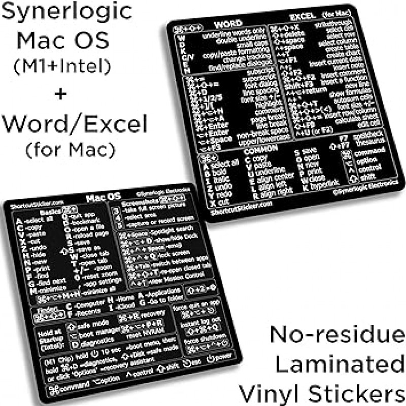 SYNERLOGIC Mac OS(M/Intel) + Word/Excel(Mac용) 빠른 참조 키보드 단축키 스티커 - MacBook Air/Pro/iMac/Mac/Mini용(검은색, 1세트)