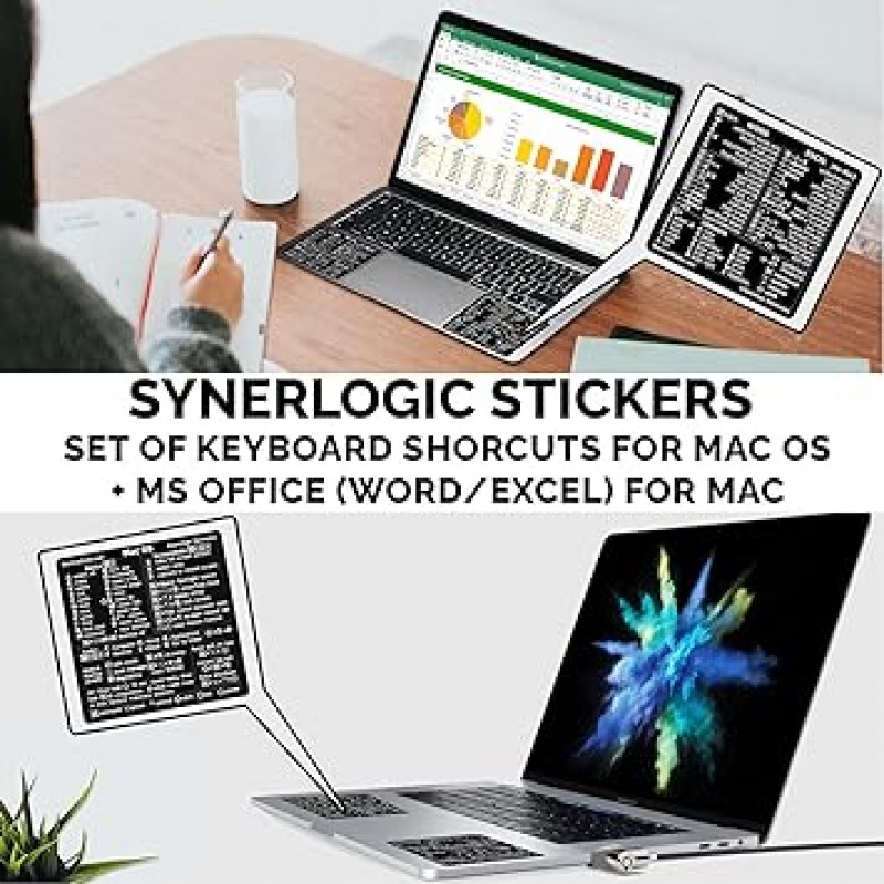 SYNERLOGIC Mac OS(M/Intel) + Word/Excel(Mac용) 빠른 참조 키보드 단축키 스티커 - MacBook Air/Pro/iMac/Mac/Mini용(검은색, 1세트)