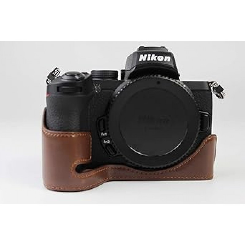 Koowl 호환 Nikon Z30 Z50 카메라 가방 카메라 케이스, Koowl 핸드메이드 최고급 PU 가죽 카메라 하프 케이스, Nikon Z30 Z50 SLR 카메라 케이스, 방수, 방진, 휴대용, 오픈워크 베이스 + 핸드 스트랩(커피)