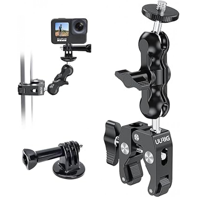 UURig BH-09 슈퍼 클램프 클램프 마운트 360° 회전 볼 헤드 암 1/4 나사 40mm 그립 너비 스마트폰, GoPro, Insta 360, DJI 액션, 액션 캠, SLR, 디지털 카메라, 캠코더용 자전거 오토바이 오토바이 클립 마운트