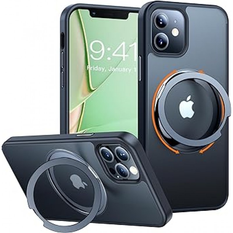 TORRAS iPhone 12 / iPhone 12 Pro 케이스, 다기능 360° 회전 스탠드, MagSafe 호환, 원형 스탠드, 할바흐 마그넷, 수직 및 수평, 미군용 충격 방지, 반투명, 링, 무선 충전, 무광택, 황변 방지, 블랙