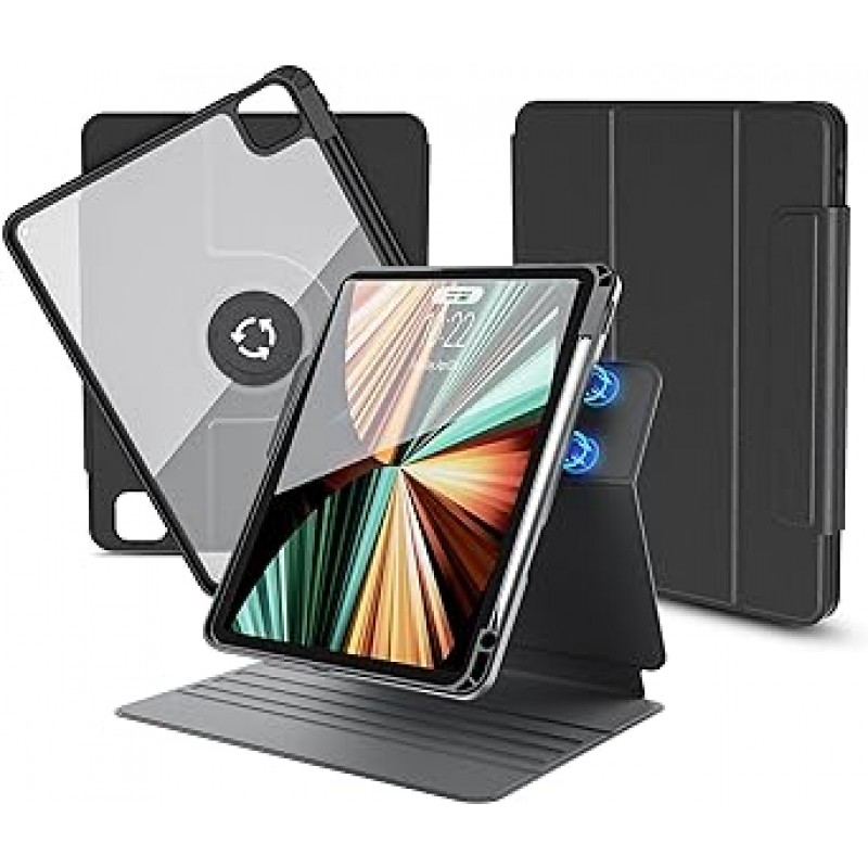 nimin iPad Air 10.9 Case (2022 - 5th Generation, 2020 - 4th Generation), iPad Pro 11 Case (4th / 3rd / 2nd / 1st), 360° 회전, 자기 흡입식, 접이식, 각도 조절, 연필 호환, 충격 보호, 방진, 방수, 경량, 얇은 케이스 (아이패드 프로 11인치 4세대/5세대, 블랙)