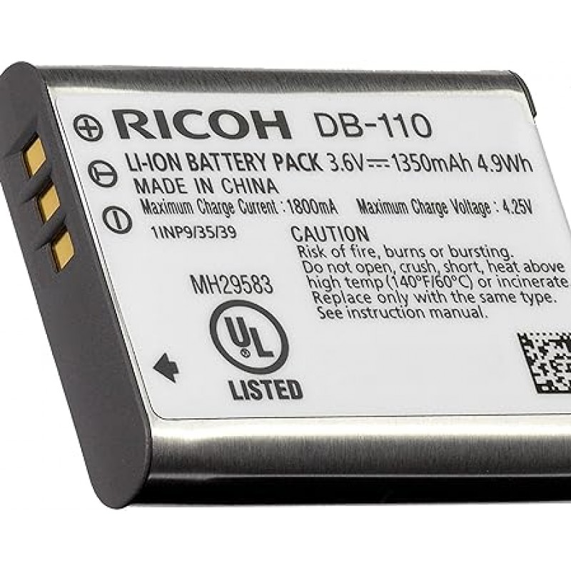 RICOH DB-110 37835 충전식 리튬 이온 배터리, 호환 모델: RICOH GR IIIx, RICOH GRIII, RICOH WG-7, RICOH WG-6, G900 시리즈, 정품 제조업체 제품