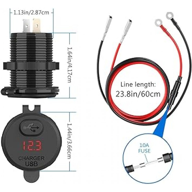 zmayastar SH-MTCD-001 오토바이 충전기, 급속 충전, USB 충전기, 자동차 확장 소켓 충전기, 전압계, 전원 소켓, 방수 캡, LED 포함, 와이어 길이: 약. 23.6인치(600mm)