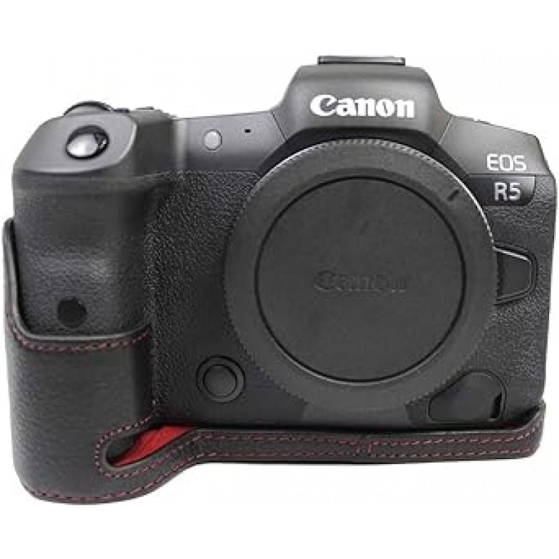 호환 Canon PEN EOS R5 R6 카메라 가방 카메라 케이스, 정품 가죽, Koowl 수제 최고급 소가죽 카메라 하프 케이스, Canon PEN EOS R5 R6 SLR 카메라 케이스, 방수, 방진, 휴대용, 오픈워크 베이스 + 핸드 스트랩(카메라 스트랩) ), 블랙(블랙 19-3911tcx), 신고전주의