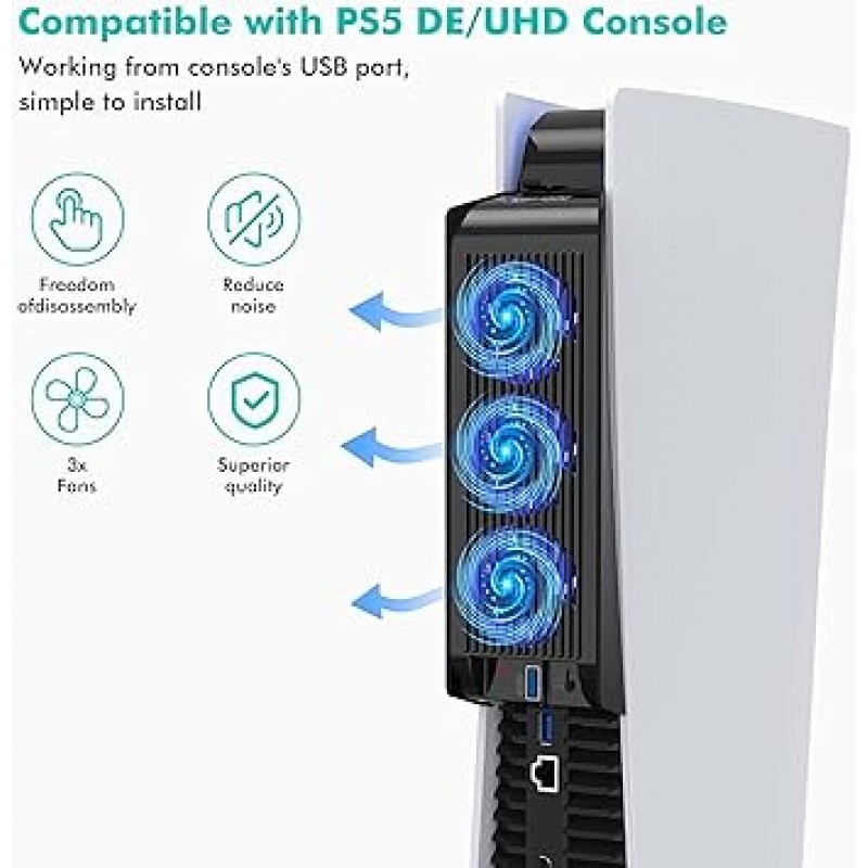 LED 조명이 있는 PS5 액세서리용 냉각 팬, 콘솔 방열, 3.0 USB 포트, 디스크 및 디지털 버전용 외부 쿨러, 블랙