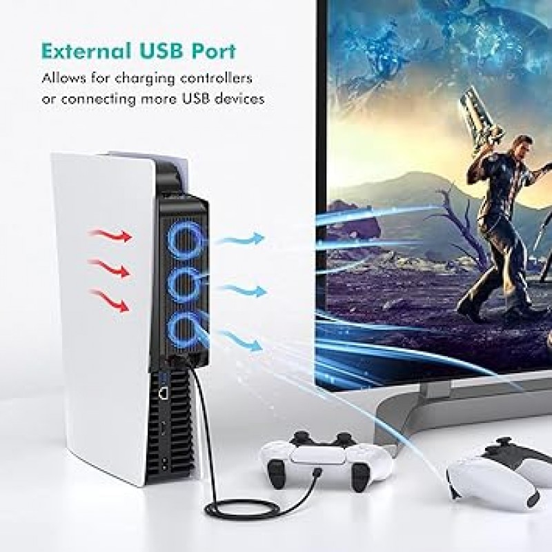 LED 조명이 있는 PS5 액세서리용 냉각 팬, 콘솔 방열, 3.0 USB 포트, 디스크 및 디지털 버전용 외부 쿨러, 블랙