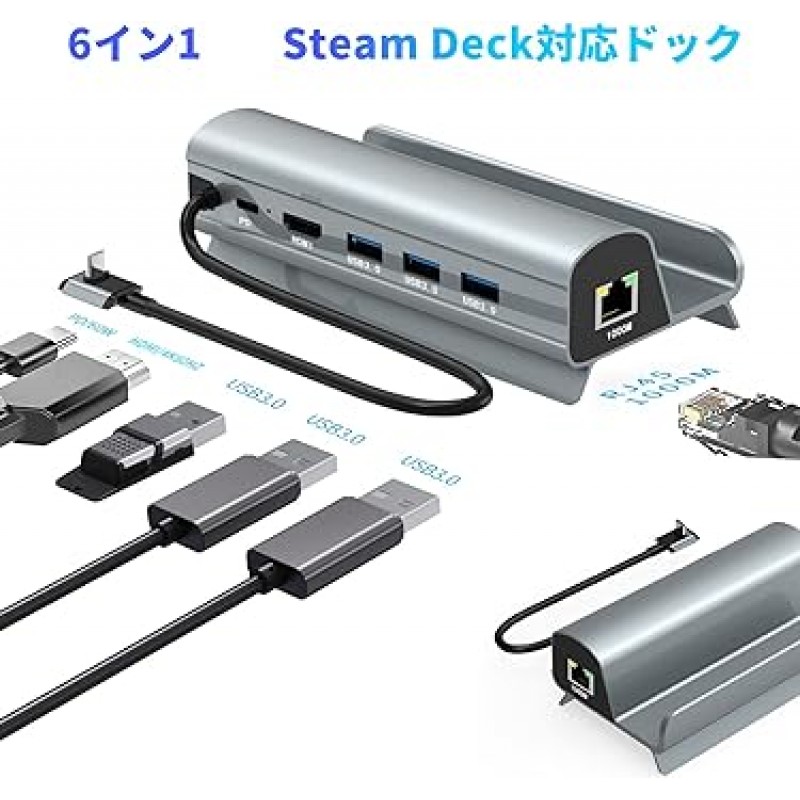 ASUS Rog Ally/Steam Deck 독, 6 in 1 HDMI 출력, 미니 충전 독, Rog Ally 호환 가능, 충전 스탠드, Lucktree 4K@60HZ, USB 3.0 포트, 기가비트 이더넷, 1000bps, PD 급속 충전, 넓은 호환성, 쉬운 설치, Steam Deck 호환, 스탠드, 다기능 미니 도크, 액세서리, 투명