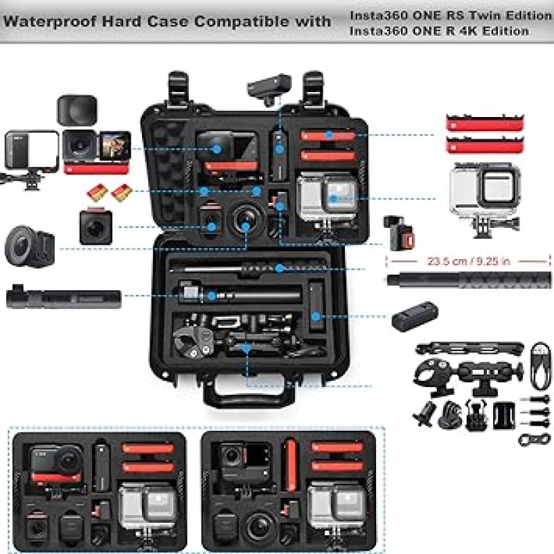 Lekufee Insta360 ONE RS 방수 하드 케이스 보관함 Insta360 ONE RS 4K 버전, Insta360 ONE RS 트윈 에디션 및 셀카봉 및 액세서리(케이스만), 블랙, 모던