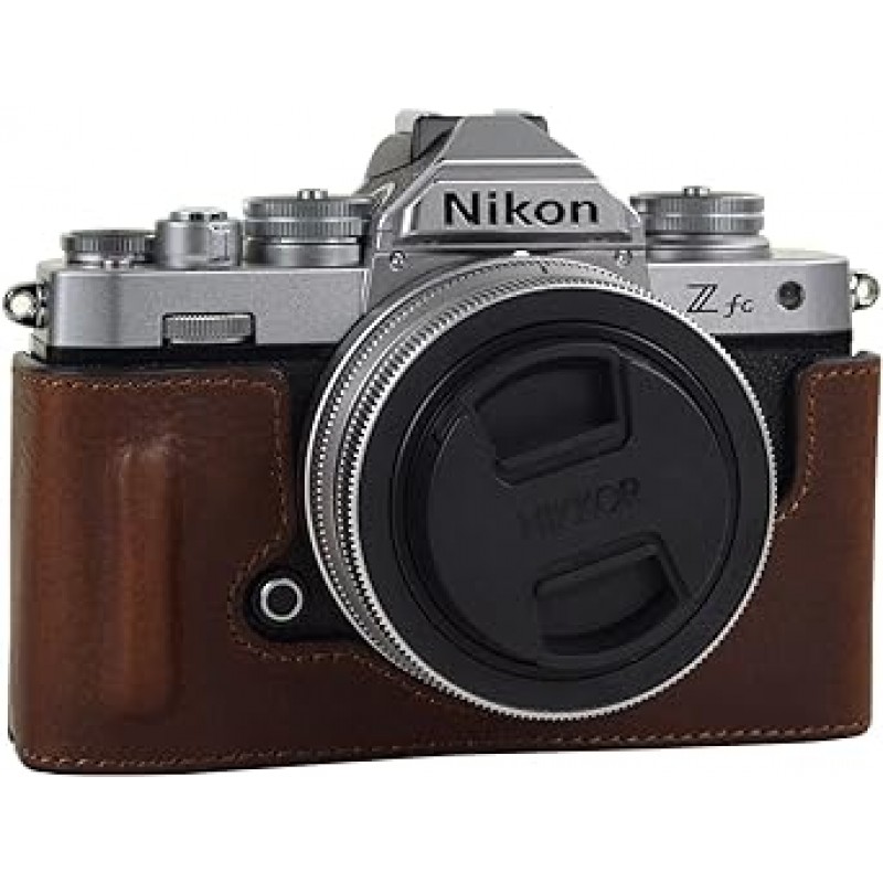 kinokoo Nikon 미러리스 SLR 카메라 Z FC 케이스, Zfc 케이스, 카메라 보호 케이스, 교체용 배터리, 삼각대 나사 구멍, 하프 케이스, 핸드 그립, 오래 지속되는, 선물 가방 포장, 정품 가죽, 브라운, 레트로