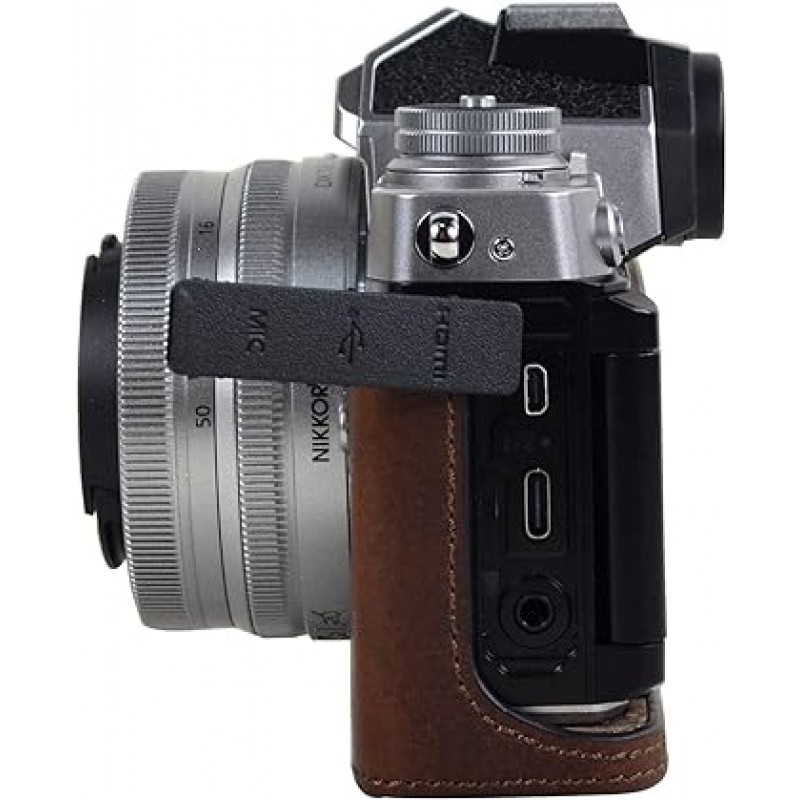 kinokoo Nikon 미러리스 SLR 카메라 Z FC 케이스, Zfc 케이스, 카메라 보호 케이스, 교체용 배터리, 삼각대 나사 구멍, 하프 케이스, 핸드 그립, 오래 지속되는, 선물 가방 포장, 정품 가죽, 브라운, 레트로