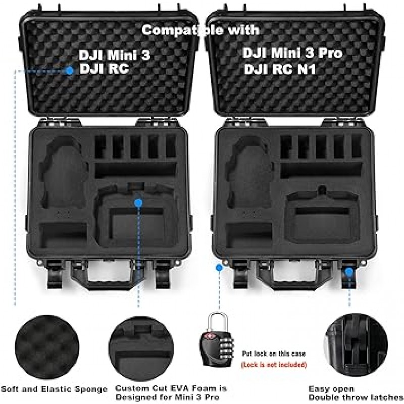 Lekufee DJI Mini 3 Pro 하드 케이스, 방수 보관 케이스, 보관, DJI Mini 3 Pro (DJI RC 포함) (하드 케이스만), 블랙