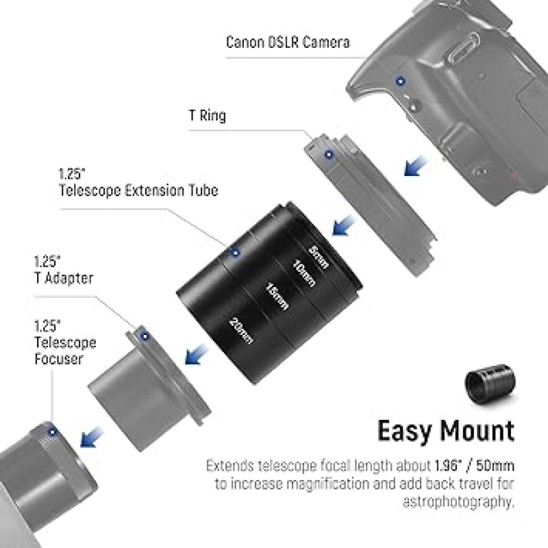 NEEWER 4pcs T2 확장 튜브 키트 5mm 10mm 15mm 20mm 확장 튜브 양면 M42x0.75mm 나사 Astrophotography 망원경 액세서리