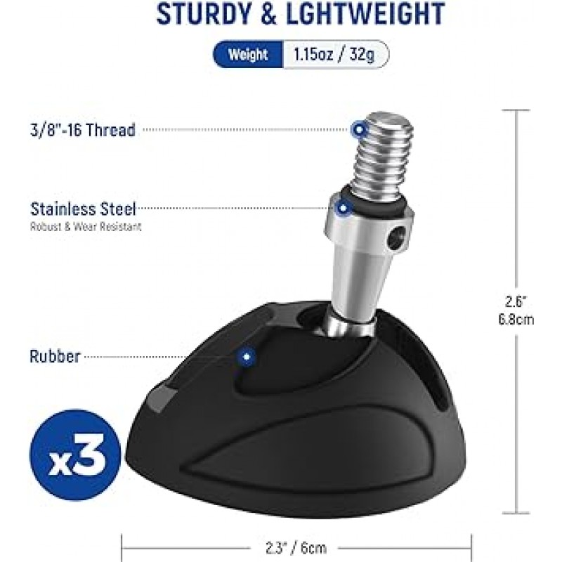 NEEWER 범용 풋 패드 삼각대 스파이크 고르지 않은 표면을 위한 3개의 미끄럼 방지 고무 버트 세트 직경 2.4인치(60mm) 삼각대 모노포드용 3/8