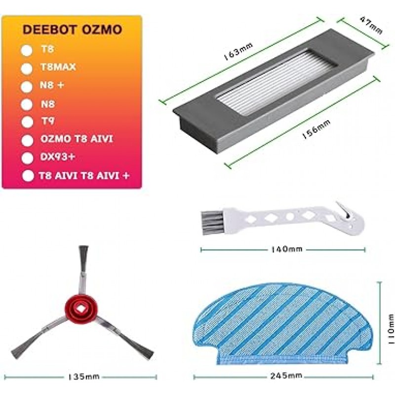 Homkari ECOVACS DEEBOT OZMO N8 로봇 진공 청소기 교체용 액세서리 키트 T9 / T9+ / T8 / T8 AIVI / T8 / T8 / N8 / N8PRO / N8PRO+ / N8 메인 브러시, 먼지 봉투, 걸레, 필터, 사이드 브러시