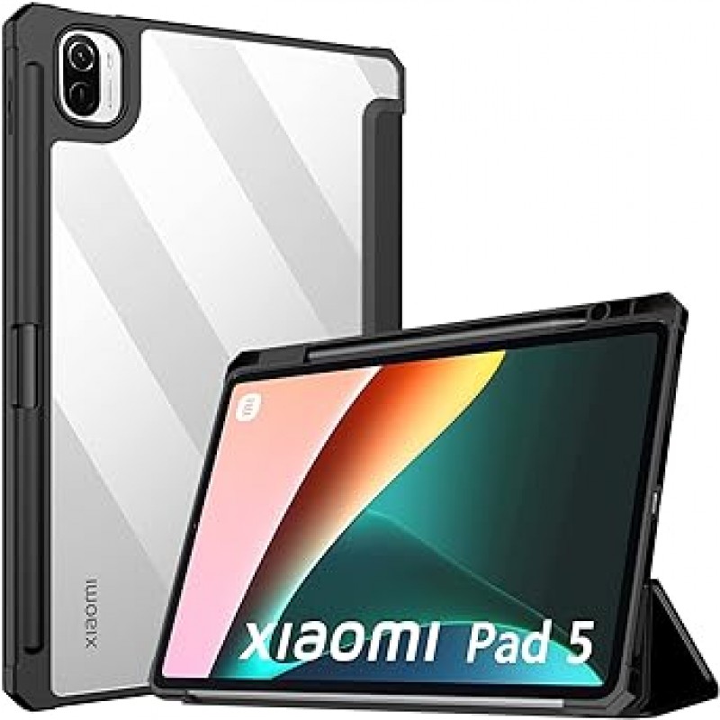 Mi Pad 5 Mi Pad 5 Pro 케이스, TiMOVO 새 모델, Xiaomi Pad 5 Pro 케이스, 11인치 커버, 2021년 모델, Xiaomi 스마트 펜 충전, 투명 뒷면, 얇은, PU 가죽, 스크래치 방지, 3단 접힘, TPU, 거치대, 충격흡수, 자동수면기능, 경량, 내구성, 손쉬운 그립, 스마트커버, 블랙