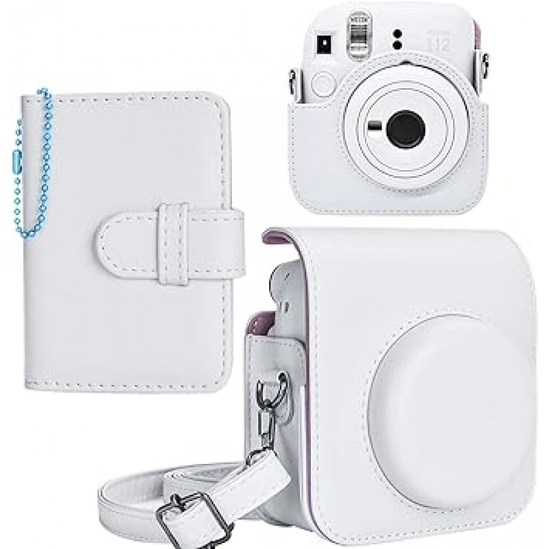 Instax Mini 12와 호환되는 HIYQIN 인스턴트 카메라 케이스, 포켓 조절 가능한 어깨 끈 및 28 포켓 미니 사진 앨범이 있는 PU 가죽 가방, 흰색, 장인