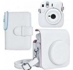 Instax Mini 12와 호환되는 HIYQIN 인스턴트 카메라 케이스, 포켓 조절 가능한 어깨 끈 및 28 포켓 미니 사진 앨범이 있는 PU 가죽 가방, 흰색, 장인