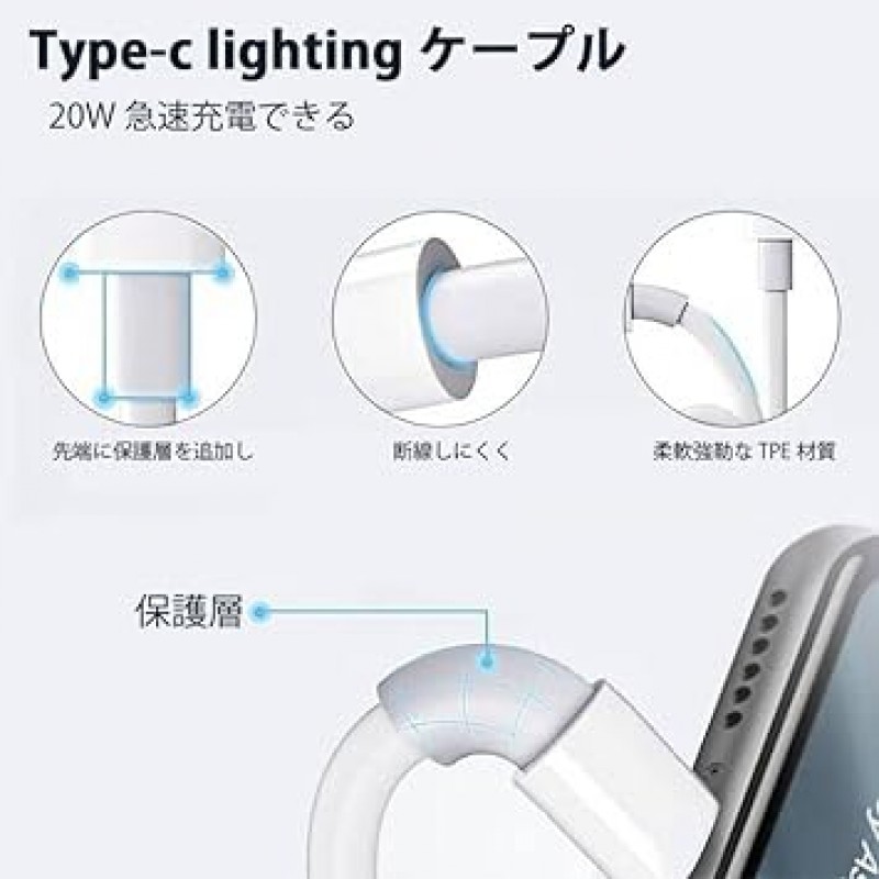 iPhone 충전기, 20W, PD, 급속 충전, PSE/MFi 인증, USB-C 충전기, USB C-Lightning 케이블, 5.9피트(1.8m), Type C, 급속 충전기, 스마트폰 충전기, iPhone 전원 어댑터, Type C, iPhone iPhone/iPad/AirPods 및 기타 USB-C 장치와 호환되는 충전기