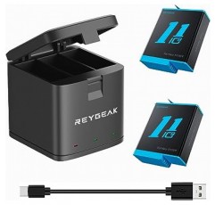 GoPro Hero 11/Hero 10/Hero 9 액세서리 마운트 2 배터리 교체용 1800mAh 및 GoPro Hero 11/10/9용 보관함 충전기와 호환되는 REYGEAK GoPro 배터리(충전기 + 배터리 2개)