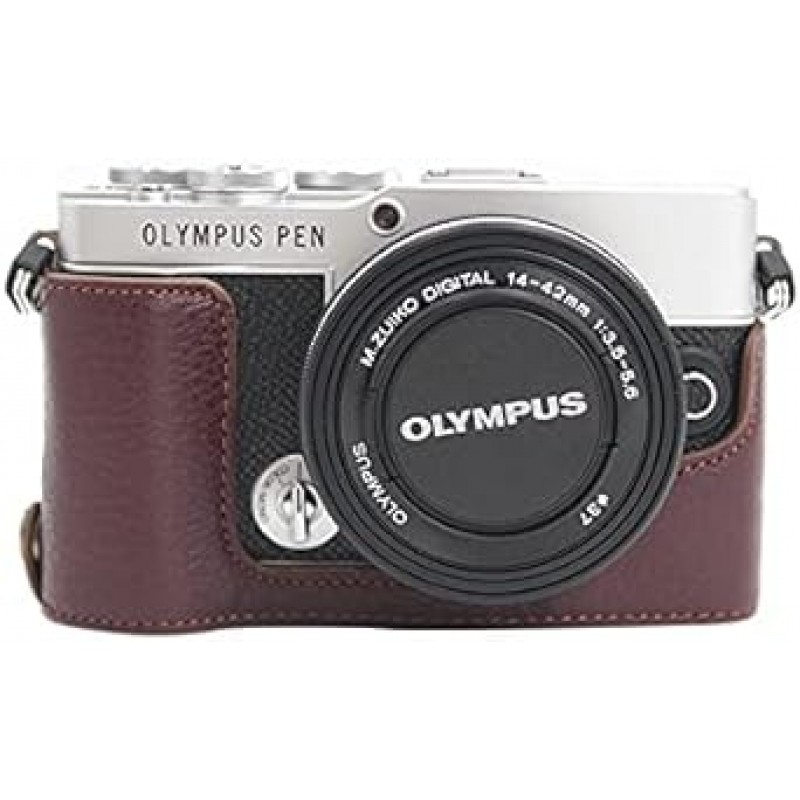 Olympus PEN PEN E-P7 EP7 곡물 소가죽 카메라 가방 카메라 케이스, Koowl 수제 최고급 정품 가죽 카메라 하프 케이스, Olympus Olympus PEN E-P7 EP7 SLR 카메라 케이스, 방수, 방진, 휴대용, Openwork Base와 호환 가능 + 핸드 스트랩 (카메라 스트랩) (진짜 가죽 커피)