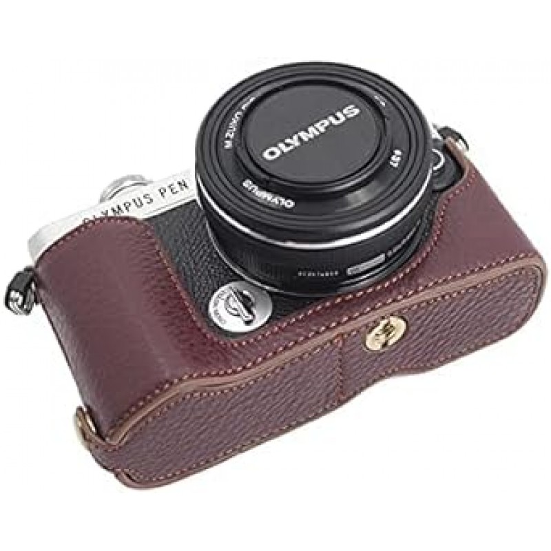 Olympus PEN PEN E-P7 EP7 곡물 소가죽 카메라 가방 카메라 케이스, Koowl 수제 최고급 정품 가죽 카메라 하프 케이스, Olympus Olympus PEN E-P7 EP7 SLR 카메라 케이스, 방수, 방진, 휴대용, Openwork Base와 호환 가능 + 핸드 스트랩 (카메라 스트랩) (진짜 가죽 커피)