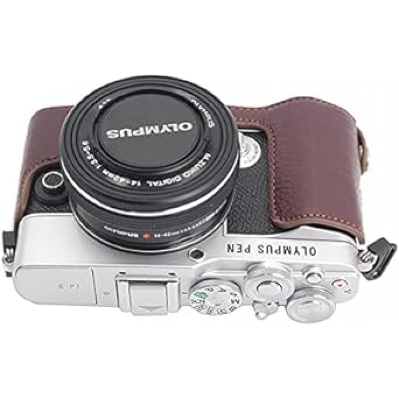 Olympus PEN PEN E-P7 EP7 곡물 소가죽 카메라 가방 카메라 케이스, Koowl 수제 최고급 정품 가죽 카메라 하프 케이스, Olympus Olympus PEN E-P7 EP7 SLR 카메라 케이스, 방수, 방진, 휴대용, Openwork Base와 호환 가능 + 핸드 스트랩 (카메라 스트랩) (진짜 가죽 커피)