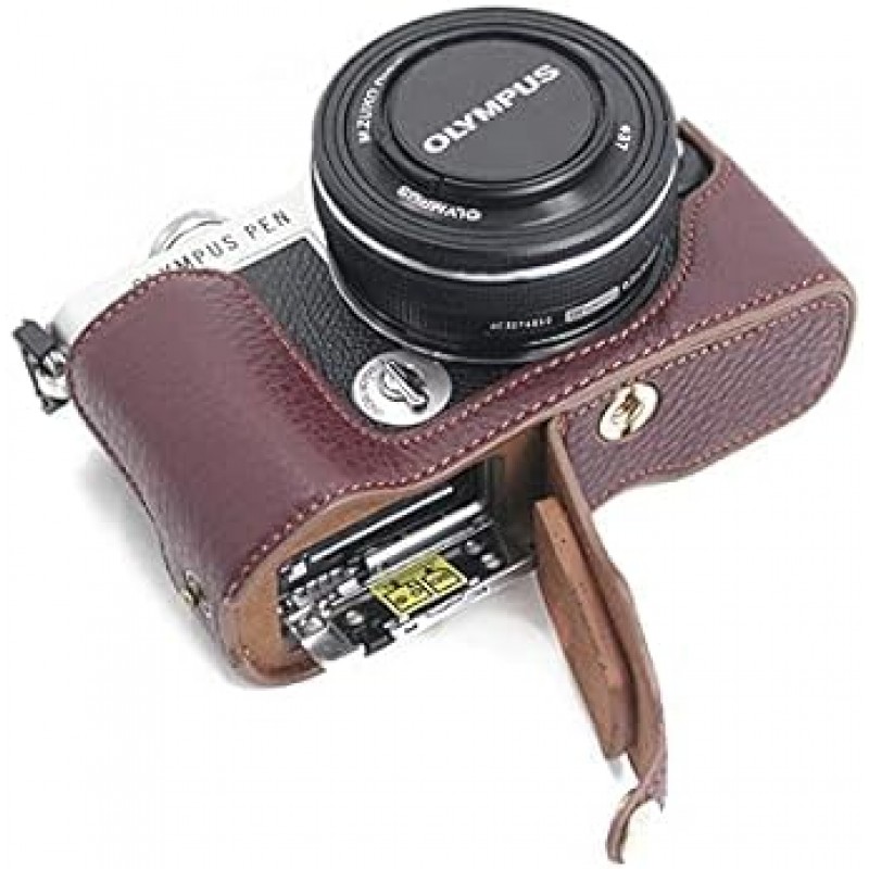 Olympus PEN PEN E-P7 EP7 곡물 소가죽 카메라 가방 카메라 케이스, Koowl 수제 최고급 정품 가죽 카메라 하프 케이스, Olympus Olympus PEN E-P7 EP7 SLR 카메라 케이스, 방수, 방진, 휴대용, Openwork Base와 호환 가능 + 핸드 스트랩 (카메라 스트랩) (진짜 가죽 커피)