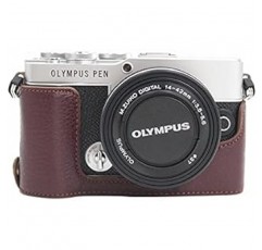 Olympus PEN PEN E-P7 EP7 곡물 소가죽 카메라 가방 카메라 케이스, Koowl 수제 최고급 정품 가죽 카메라 하프 케이스, Olympus Olympus PEN E-P7 EP7 SLR 카메라 케이스, 방수, 방진, 휴대용, Openwork Base와 호환 가능 + 핸드 스트랩 (카메라 스트랩) (진짜 가죽 커피)