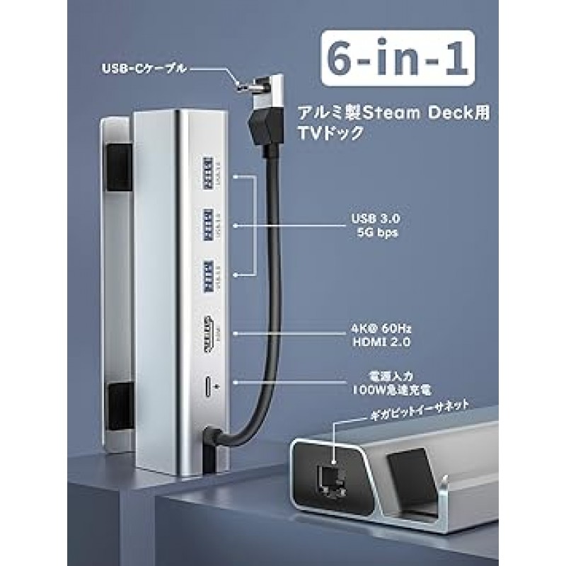 Steam Deck Dock 6-in-1 Steam Deck Dock 전용 Steam Deck Dock HDMI 2.0/4K@60Hz/3 USB 3.0 포트/기가비트 LAN 포트/USB-C 100W PD 충전