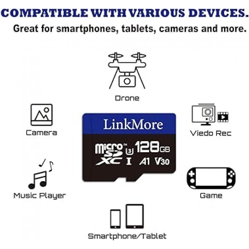 Nintendo Switch용 LinkMore 128GB 마이크로 SD 카드, MicroSDXC 카드, U3, A1, V30, SD 어댑터 포함(최대 95MB/s 읽기)