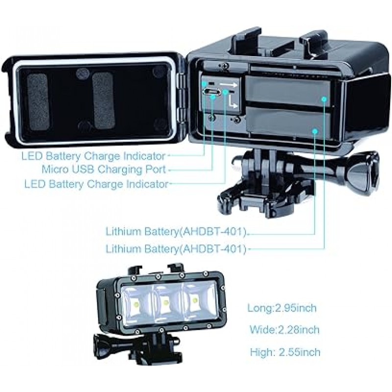 Suptig 방수 라이트 고출력 디밍 기능이있는 듀얼 배터리 방수 LED 비디오 라이트 필 나이트 라이트 다이빙 수중 라이트 GoPro Hero 10 Hero 9 Hero 8 Hero 7Hero 6 Hero 5 Hero 4/3+/3 Session 용