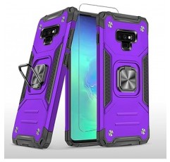 Galaxy Note 9 Case SC-01L SCV40 스마트폰 케이스 + Samsung Galaxy Note 9 강화유리 필름, 링, 스탠드 기능, Popular, Shockproof, 가로기능, Back Cover, 6.4인치, 남성용, 퍼플