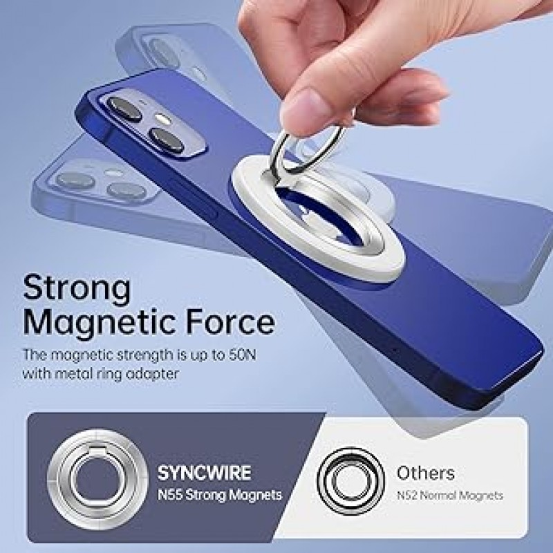 Syncwire MagSafe 호환 스마트폰 링, 양면 마그네틱, 360° 회전, Mag-Safe, 초박형, 자석, 벙커링, 초강력, 각도 조절, 손쉬운 켜기/끄기, 스마트폰 스탠드 기능, iPhone 14/13/12와 호환 , 모든 iPhone 시리즈, 모든 Android 모델과 호환 가능, 금속 링 2개 포함(화이트)