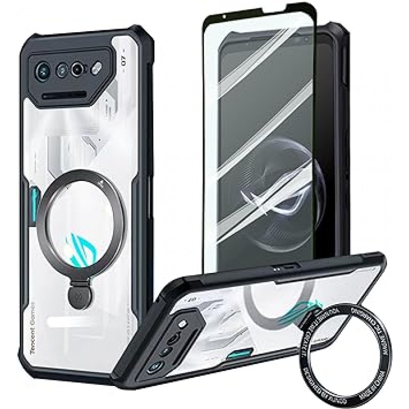 ASUS ROG Phone 7 / ASUS ROG Phone 7 Pro 5G Case Clear Cover with Stand Guizzcg Hand Desk Soft TPU 범퍼 + 아크릴 투명 백 쉘 이중 레이어 충격 방지 보호 케이스 밀리터리 그레이드 에어백 스마트폰 케이스 노란색 없음 [유리 필름 1개] 브라켓 블랙