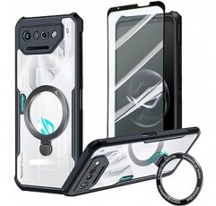 ASUS ROG Phone 7 / ASUS ROG Phone 7 Pro 5G Case Clear Cover with Stand Guizzcg Hand Desk Soft TPU 범퍼 + 아크릴 투명 백 쉘 이중 레이어 충격 방지 보호 케이스 밀리터리 그레이드 에어백 스마트폰 케이스 노란색 없음 [유리 필름 1개] 브라켓 블랙