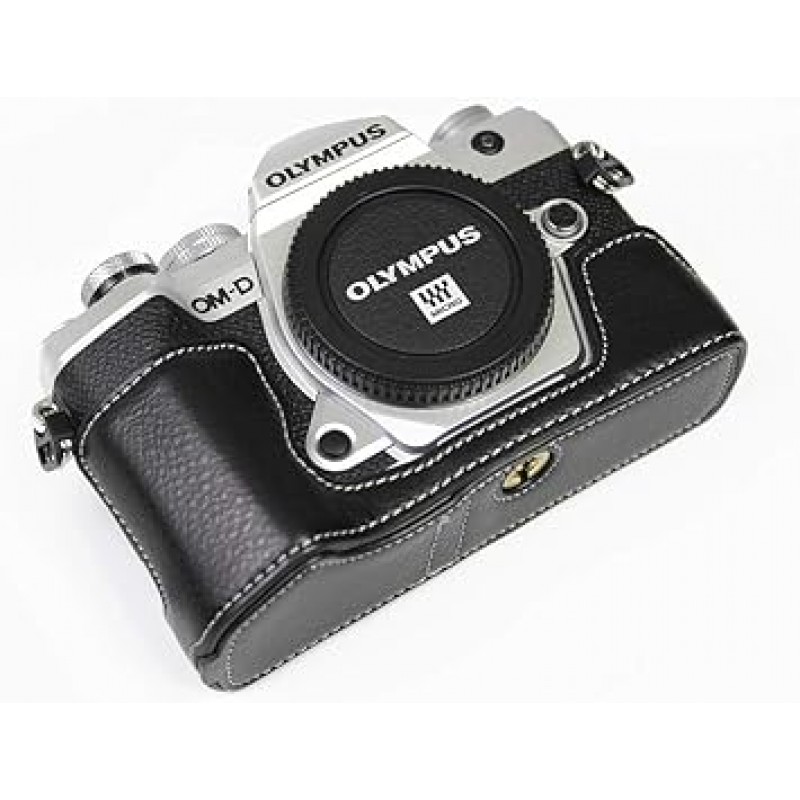 호환되는 올림푸스 PEN OM-D E-M5 Mark III 정품 가죽 카메라 가방 카메라 케이스 Koowl Handcrafted Top Class 정품 가죽 카메라 하프 케이스, Olympus PEN OM-D E-M5 Mark III 디지털 카메라 케이스, 방수, 생동감, 휴대성, 투각 각인 베이스 + 핸드 스트랩(카메라 스트랩), blk