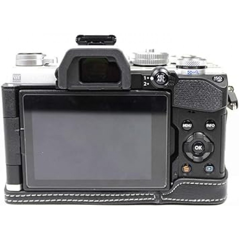 호환되는 올림푸스 PEN OM-D E-M5 Mark III 정품 가죽 카메라 가방 카메라 케이스 Koowl Handcrafted Top Class 정품 가죽 카메라 하프 케이스, Olympus PEN OM-D E-M5 Mark III 디지털 카메라 케이스, 방수, 생동감, 휴대성, 투각 각인 베이스 + 핸드 스트랩(카메라 스트랩), blk