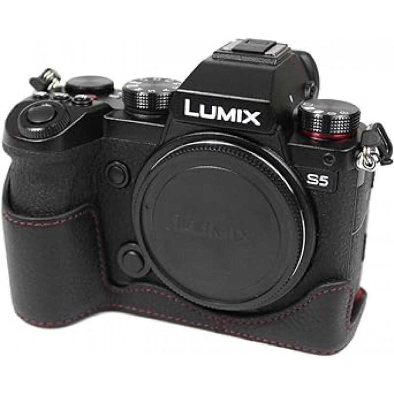 Koowl 호환 Panasonic Lumix S5 카메라 케이스 카메라 커버 카메라 가방 카메라 홀더 [KOOWL] 수제 소가죽 카메라 베이스 보호 커버 액세서리: 핸드 스트랩, 스타일리시, 컴팩트, 방수, 방진(블랙)