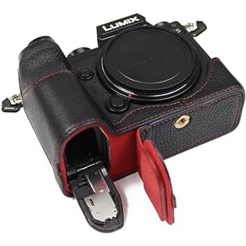 Koowl 호환 Panasonic Lumix S5 카메라 케이스 카메라 커버 카메라 가방 카메라 홀더 [KOOWL] 수제 소가죽 카메라 베이스 보호 커버 액세서리: 핸드 스트랩, 스타일리시, 컴팩트, 방수, 방진(블랙)