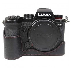 Koowl 호환 Panasonic Lumix S5 카메라 케이스 카메라 커버 카메라 가방 카메라 홀더 [KOOWL] 수제 소가죽 카메라 베이스 보호 커버 액세서리: 핸드 스트랩, 스타일리시, 컴팩트, 방수, 방진(블랙)