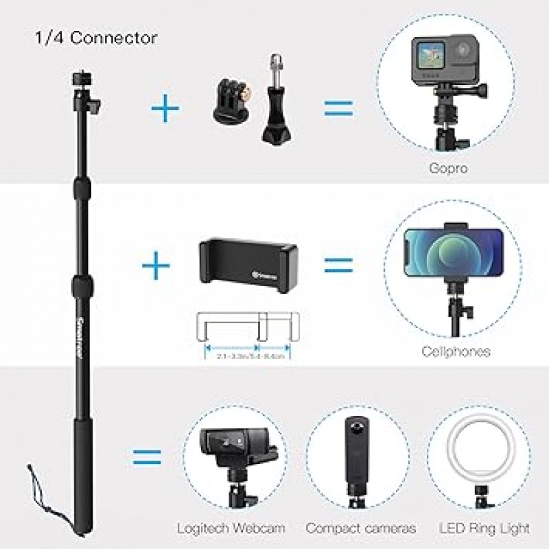 Gopro Hero 11/10/9/8/7/6/5/4/3/3+/max 카메라, 스마트폰, LED 조명 셀카봉용 Smatree 